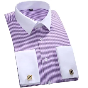Breathable Slim Fit Long Sleeve Shirt for Men’s Formal Office Ceremonial Wear with Cufflinks