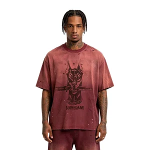 Brick Red Hip Hop 100% Cotton American Vintage Distressed Destroyed Mottled Print Tee Graphic Apparel Men’s T-Shirts Women’s