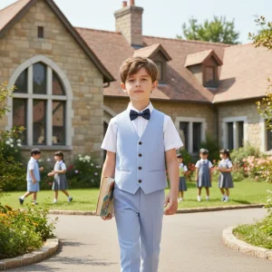 British Style Boys’ Oxford Cotton Vest & Shirt Suit Set For Spring Autumn