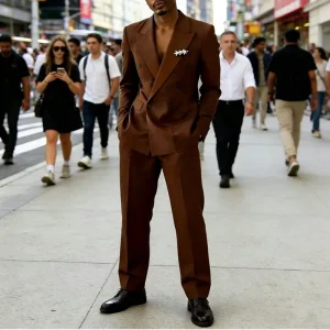 Brown Casual Men’s Double Breasted Wedding Suit for Men Two Pieces Party Prom Set (Jacket+Pants)