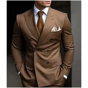 Brown Men’s Double Breasted Peaked Lapel Wedding Groom Tuxedo Suit Set Slim Fit 2 Piece Jacket+Pants