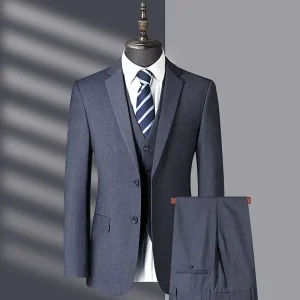 Business Casual Lightweight Single Breasted Beaded Notched Collar Men’s Gray Suit Three-Piece Set