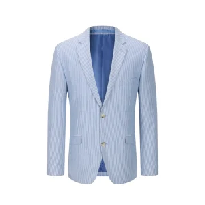 Business Casual Plus Size Breathable Sky Blue Striped Men’s Suit Jacket Gentleman’s Classic Winter Blazer