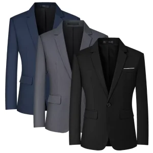 Business Classic Men’s Slim Fit Plus Size Polyester Formal Suit Jacket Blazer Mandarin Collar 360g Single Breasted