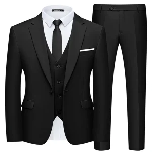 Business Fashion Men’s Slim Fit Suit Set Single Breasted Solid Color Suit Jacket Vest Pants 3 piece Set for Daily Wear