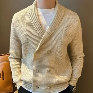 Business Formal Men’s Winter Knit Coat Gentleman’s Style Double Breasted Button Neck Thick Lantern Sleeve Standard Wool Warm