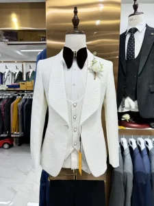 Business Man Suit V Collar Slim Fit 3 Pieces Jacket Waistcoat Pant White Suits for Meeting Wedding MS765