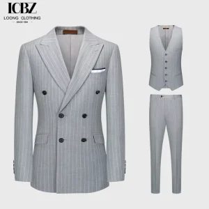 Business Men’s Blazer Suit Gray Striped Double breasted Gun Lapel Slim Fit 3 Piece 100% Wool Suit