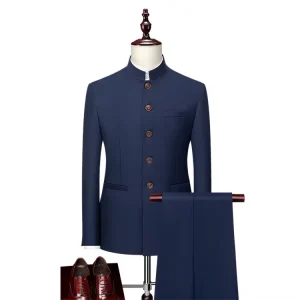 Business Suit Stand Mandarin Collar Slim Fit Luxury Male Tuxedos Blazers Jacket Men’s Suit Wedding Dress Suits Set