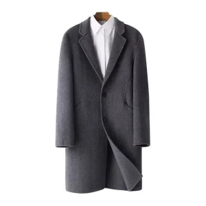 Business Winter Woolen Long Overcoat Solid Lapel Warm Men Cashmere Wool Coat
