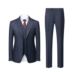 Business Worsted Stripes 2 Piece Single Breasted Notch Lapel Blazer Stretch Waist Trousers Slim Fit Men’s Suit