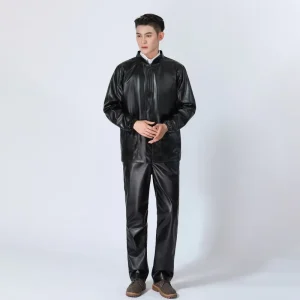 Button Down Zipper Style Coat Waterproof Oil Resistant Workwear Men’s Stand Collar PU Leather Jacket