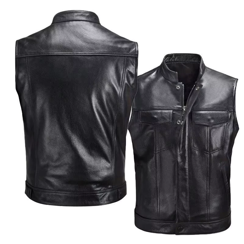 Buttoned Men’s Casual Leather Vest for Summer Cross-Border Motorcycle Outer Wear Zipper Closure 3D Polyester Waistcoat