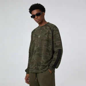 Camo Print Raglan Long Sleeve Summer T-Shirt Men’s High Street Loose Cotton Spring Pullover Top