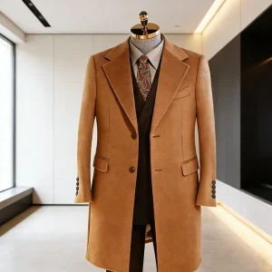 Caramel Brown Men’s 100% Wool Overcoat Wide Peak Lapel Single Breasted Cut with Dense Soft Fabric