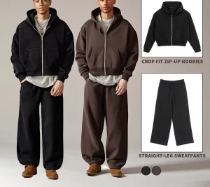 Casual Fleece Tracksuit Zip up Hoodie Wide Leg Pants Comfortable Basic Two Piece Men’s Set