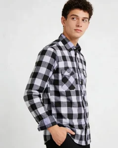Casual Shirt Stand up Collar Long Sleeve Men’s Shirts Formal Office Plaid Shirts for Men