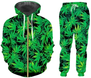 Casual Streetwear Sweatshirt and Pants Green Hemp Leaf Design 3D Crewneck Hoodie Pullovers Men Tracksuit