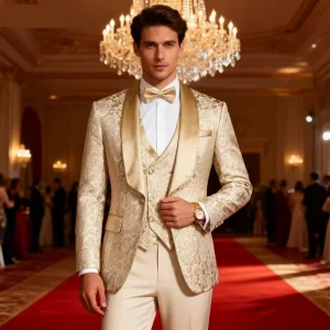 Champagne Jacquard 3 Piece Men’s Formal Smoking Suit with Blazer Set for Groom Wedding Best Man Elegant Fitted Tuxedo