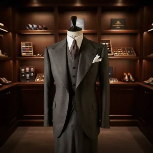 Charcoal Grey Men’s Wool Suit Peak Lapel Formal Blazer