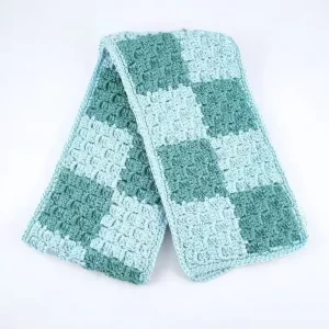 Checkered Crochet Short Scarf with Bobble Stitch Texture Two Tone Green Men’s