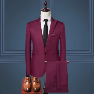 China Made Khaki Men’s Business Suit 2pcs Set (Coat & Pants) Single Breasted With Zipper Closure Men’s Fabric Suit for Adults