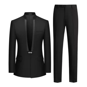 Chinese Style Elastic Black Dinner Wedding Men’s Set Single Breasted Mandarin Collar Blazer Pant 2 Pieces Men’s Suit