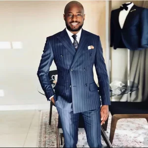 Classic 2 Piece Striped Men’s Suit Set Slim Fit Blazer with Pants Wedding Groom Tuxedo Prom