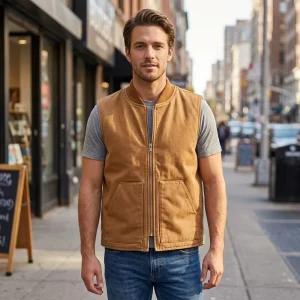 Classic Brown Canvas Work Vest With Multi Pockets Reinforced Construction Waistcoat Warm Winter Utility Vest For Workshop
