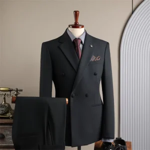 Classic Business Formal 2×1 Double Breasted Notched Lapel Blazer Side Vent Stretch Waist Pant Slim Fit 2 Pieces Men’s Suit