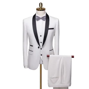 Classic Formal Business Men’s Suits Wedding Party 3 Pieces Gentleman Slim Fit Suit for Men White