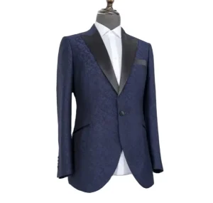 Classic Navy Blue Men’s Single Breasted Business Suit Blazer with Embossed Craftsmanship