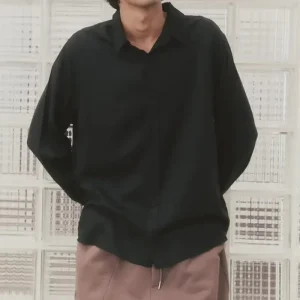 Classic Pointed Collar Men’s Solid Black Oversized Button Up Shirt Custom Long Sleeve Men’s Shirts Boxy Work Shirt for Men