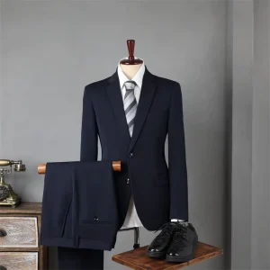 Classic Style Poly Viscose Elastane Blend Single Breasted Notch Lapel Blazer Stretch Waist Pant 2 Pieces Slim Fit Men’s Suit