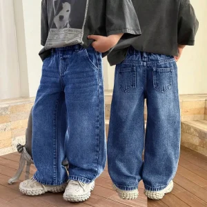 Classic Tween Boys Blue Denim Pants Relaxed Wide Leg Baggy Jeans Knit Cotton Blend Trousers For Kids Age 8 12 Years Custom