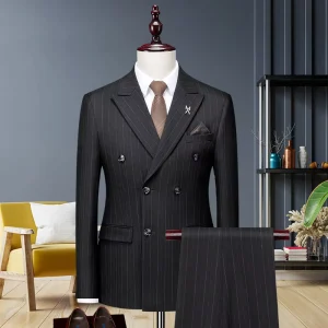 Coffee Brown Striped Suit Set for Men Double Breasted Black Business Suit With Double Vents Groom’s Wedding Attire