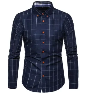 Cotton Polyester Men’s Shirts Men Slim Fit Dress Shirt Long Sleeve Plaid Casual Business Shirt