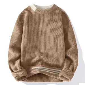 Cozy Contrast Trim Men’s Crew Neck Ribbed Knit Pullover Sweater Casual Warm Winter Knitwear