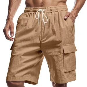 Cross border American Multi pocket Work Shorts Men Casual Loose Linen Sports Pants Straight Shorts Men