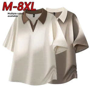 Cross border Foreign Trade Summer Thin Breathable Plus size Lapel Polyester Short Sleeve Color block V neck Men’s Shirt