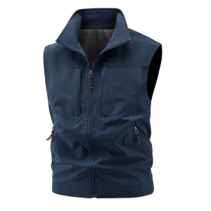 Cross border Mens Casual Stand collar Outdoor Vest Sleeveless Waistcoat Middle aged Men Fishing Vest 100% Polyester