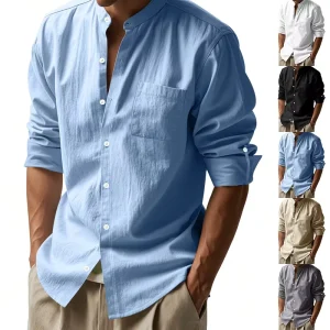Cross border Men’s Linen Stand Collar Long Sleeve Shirt Spring Autumn Breathable Casual Button Down Shirt for Men
