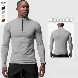 Custom 1/4 Zipper Long Sleeve Breathable Gym T-Shirt Jogging Fitness Training Slim Sports Shirt for Men