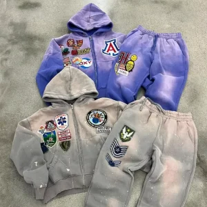 Custom 100% Cotton Heavyweight Oversized Acid Wash Digital Printing Sleeve Embroidery Rhinestone Distressed Streetwear Set