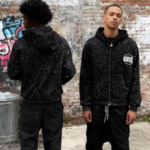 Custom 100% Cotton Hoodie Men’s Leopard Print with Rhinestone Oversize Heavyweight Men Hoodie Set