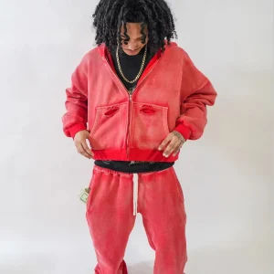 Custom 100% Cotton Men’s Acid Wash Oversized Zip Up Tracksuit Heavyweight Distressed Streetwear Hoodie Autumn
