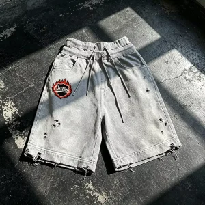 Custom 100% Cotton Men’s Drawstring Closure Breathable Mid Waist Pockets Dirty Vintage Acid Washed Reverse Stitching Shorts