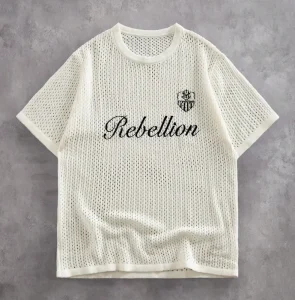 Custom 100% Cotton Men’s Pointelle Knit T-shirt Crew Neck Script Embroidered Mesh Top Breathable Open Weave Knitted Shirt