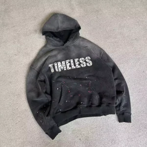 Custom 100% Cotton Men’s Streetwear Oversized Distressed Acid Wash Sun Faded Hoodie with Vintage 3D Print and Rhinestone Detail