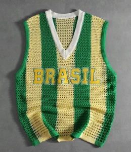 Custom 100% Cotton Men’s Vertical Striped Latticework Knit Vest V-neck Breathable Fishnet Knitted Tank Top